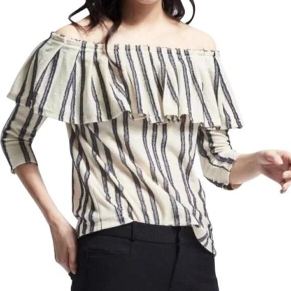 Banana Republic Off-The-Shoulder, Pintuck Ruffle, 3/4 Sleeve Navy & Ivory Size S - Picture 2 of 7